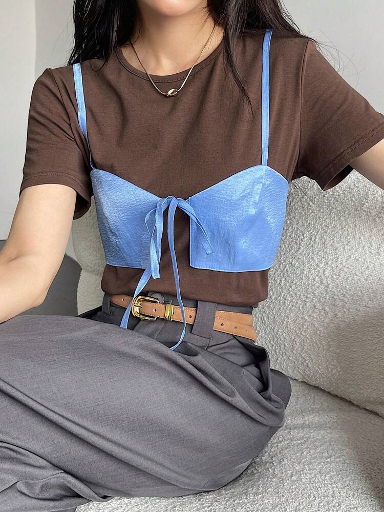 Women's Blue Knotted Strap Camisole And Brown Round Neck Short Sleeve Top, Casual Summer Outfit 2pcs/Set