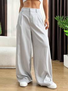 SHEIN EZwear Quần ống rộng xếp ly sọc rộng thông thường dành cho nữ - Xám - Xem 4