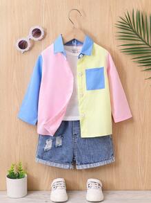 3pcs/Set Baby Girls' Spring/Summer Outfit - Long Sleeve Patchwork Shirt, White T-Shirt And Washed Denim Shorts - Blue - View 1
