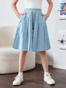 SHEIN Tween Girl Loose Casual Solid Color High-Waist Wide-Leg Shorts With Pleats And Exaggerated Big Pockets - Baby Blue - View 1