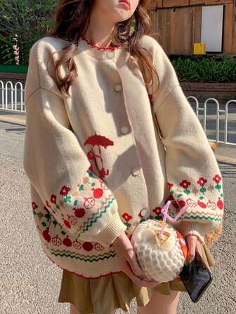 女士简约花卉印花针织休闲开衫、长袖上衣