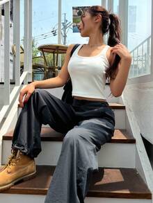 DAZY Haut à bretelles d'été décontracté pour femme, col carré de couleur unicolore - Blanc - Voir 2