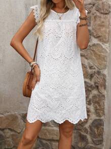 Breezaya Round Neck Solid Woven Embroidered Lace Hem Dress, Short-Sleeved With Random Embroidery Vacation Beach Outfits Women