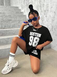 SHEIN Tween Girl Letter Graphic Drop Shoulder Tee & Shorts - Black - View 1
