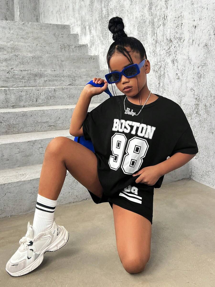 SHEIN Tween Girl Letter Graphic Drop Shoulder Tee & Shorts - Black - View 1