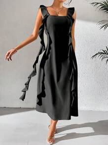 Chiquease Váy đi nghỉ màu trơn dành cho nữ có diềm xếp nếp và ruy băng - màu đen - Xem 5