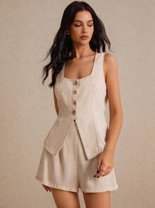 Poéselle 夏季亚麻西装两件套商务休闲套装面料舒适透气适合日常通勤出街穿女夏季休闲纯色背心短裤套装两件套秋冬短款套装 - 卡其色 - 查看 3