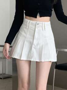 DAZY Solid Pleated Detail Denim Skirt Jeans Skirt