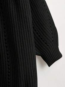 SHEIN CURVE+ 大码女式纯色 V 领长袖中长休闲通勤针织开衫，秋冬 - 黑色 - 查看 3