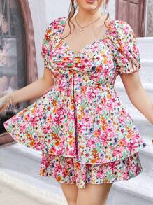 Sunnyshic Plus Size Simple Floral Top And Skirt Set