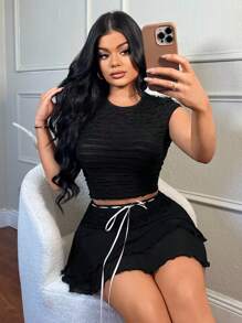 SHEIN SXY Layered Mesh Skirt With Netting And Lace Detailing, Low Waist For Summer - Black - View 5