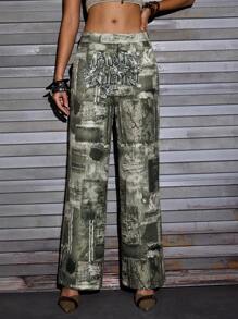 Holadesign Artist Women's Loose Fit Wide Leg Pants With Letters Graphic, For Holiday, Vacation, Spring, Festival, Ibiza Fits, Western Wear - Army Green - View 1
