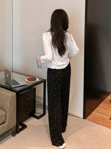 DAZY Polka Dot Printed Fleece Wave Edge 2 In 1 Halter Home Cozy Outfit Lounge Set Fall, Winter Clothes