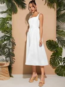 L'Amorae Square Neck Sleeveless Solid Dress - White - View 5
