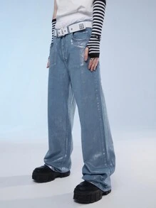 Manfinity Roghcode Men's Baggy Wide Leg Casual Jeans With Pockets, Streetwear - Light Wash - View 3