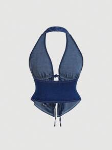 SHEIN MOD Women's Denim Backless Halter Top, Tie Front Sleeveless Asymmetrical Hem Top