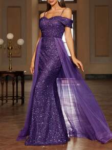 SHEIN Belle Vestido formal con hombros descubiertos, malla de contraste y lentejuelas de contraste - Morado - Ver 1