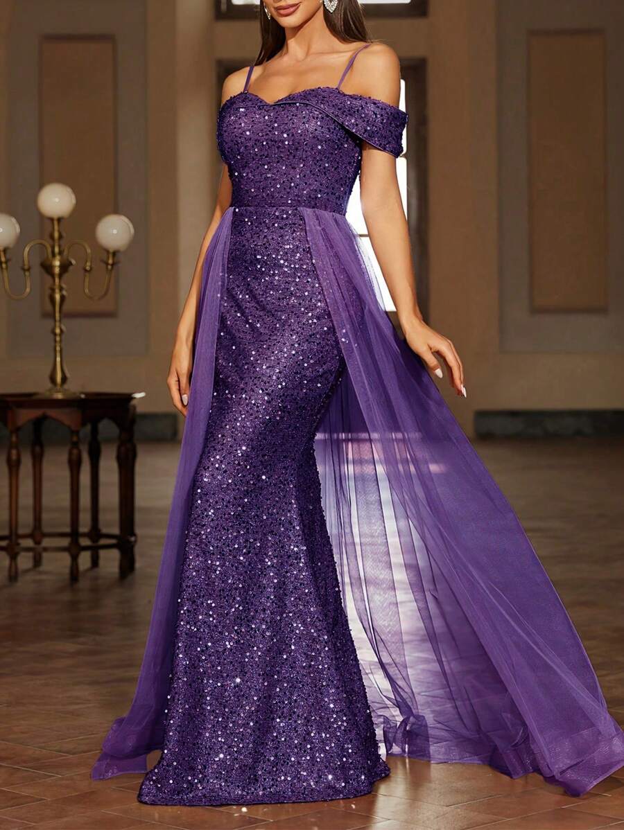 SHEIN Belle Vestido formal con hombros descubiertos, malla de contraste y lentejuelas de contraste - Morado - Ver 1