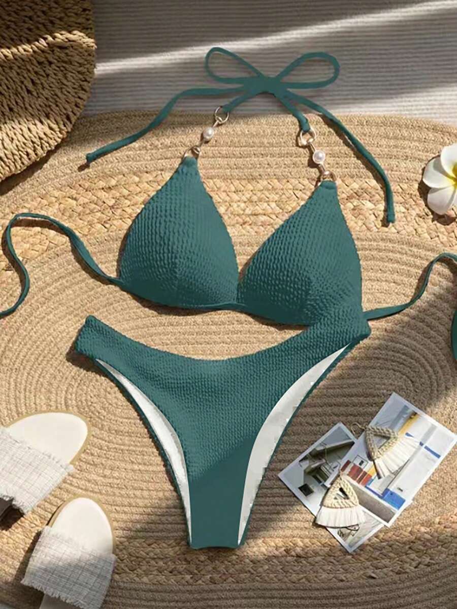 SHEIN Swim 夏季海滩女士纯色露背性感比基尼套装,带分体比基尼套装,非常适合度假 - 彩色 - 查看 1