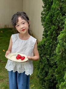 SHEIN Little Girls' Sleeveless Round Neck Burnt-Out Flower Top And Pants Set With Ruffled Hem - Multicolor - View 3