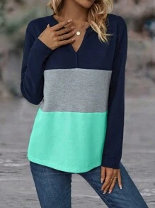 EMERY ROSE Camiseta gráfica de manga larga casual con cuello en pico y contraste de colores para mujer, para primavera y otoño - Multicolor - Ver 5