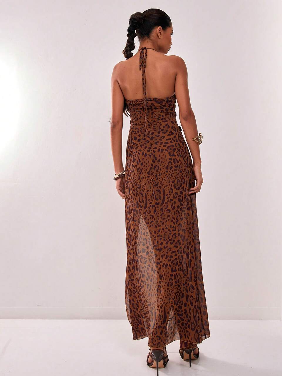 Leopard Muster Ausschnitt Blumen Applikation Maxikleid Sexy Süß Frühling Sommer Party Ausgehen Urlaub Langes Kleid