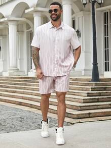 Manfinity Homme Conjunto informal de 2 piezas para hombres de talla grande que incluye una camisa de manga corta de patrón geométrico oscuro y pantalones cortos sueltos - Multicolor - Ver 4
