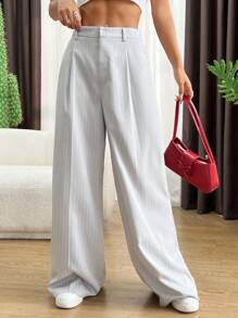 SHEIN EZwear Quần ống rộng xếp ly sọc rộng thông thường dành cho nữ - Xám - Xem 3