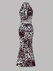 Aloruh Women's Summer Vacation Fashion Casual Daily Hollow Leopard Print Knitted Top Lace-Up And Fishtail Skirt Suit Two-Piece Set - Multicolor - View 3