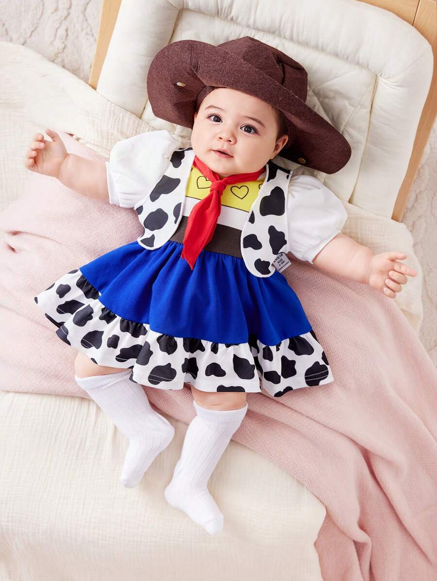 SHEIN Newborn Baby Girl Cow Pattern Vest Coat, Cartoon Printed Bubble Short Sleeve Dress Outfit, Cute Casual Style