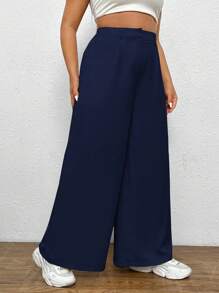 SHEIN EZwear Plus Solid Wide Leg Pants - Navy Blue - View 6