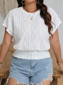 SHEIN Frenchy Plus Size Casual Texture Fabric Round Neck Batwing Sleeve Top With Drawstring - White - View 4