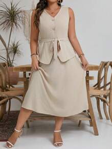 SHEIN Frenchy Vestido Longo Plus Size com Laço e Costas Lace-Up, Estilo 2 em 1, Férias, Tecido de Linho Confortável e Respirável, Estilo Francês para Vestidos Femininos de Verão - Damasco - Visão 5