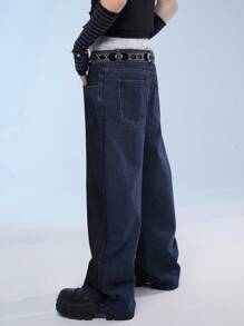 Manfinity Roghcode 男裝純色寬腿拉鍊牛仔褲，帶口袋，街頭風格 - 深色水洗藍 - 查看 9