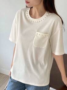 DAZY Camiseta Con Cuentas De Perlas Con Diseño De Hombro Caído