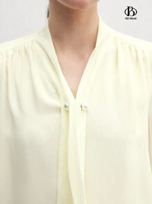 BizChic Chemisier pour femmes à manches longues simples et décontracté avec fausse perle - Nude - View 7