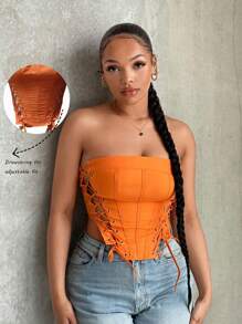SHEIN SXY Lace Up Front Bandana Hem Tube Top - Orange - View 1