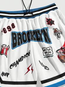 ROMWE MEN Prep 男士条纹边饰字母图案抽绳腰阔腿休闲篮球短裤，校园 - 彩色 - 查看 3