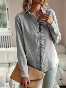 Loose Fit Button Down Shirt With Ruffle Stand Collar, Long Sleeve,Ladies Casual Frill,Ruffle Long Sleeve Stand Collar Regular Fit Regular Black Regular Sleeve Shirt Women Blouses,Spring/Fall ,Casual Daily Wear