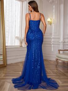 Contrast Mesh Mermaid Hem Sequin Formal Dress Elegant Prom Evening Wedding Guest Gown, For Graduation, Dinner Party Dress - Xanh đậm - Xem 2