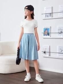 SHEIN Tween Girl Loose Casual Solid Color High-Waist Wide-Leg Shorts With Pleats And Exaggerated Big Pockets - Baby Blue - View 6