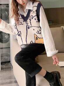 Alicedudu Casual Cat Pattern V-Neck Pullover Sweater Vest, Autumn/Winter - Multicolor - View 1