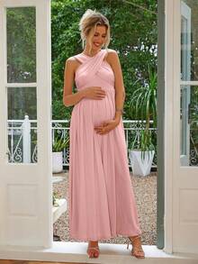 Joyfunear Maternity Cold Shoulder Solid Gowns Elegant Dress, For Party - Pink - View 4