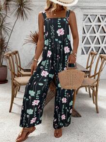 SHEIN LUNE 花卉印花寬腳連身褲，適合渡假和休閒 - 彩色 - 查看 4