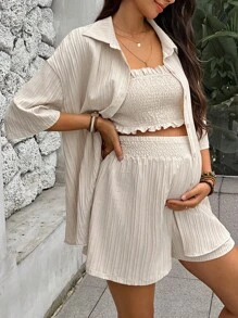 SHEIN Maternity Solid Tube Top & Shorts & Open Front Coat - Apricot - View 3