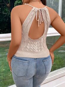 SHEIN Essnce Plus Size Twist Đan Backless Áo không tay màu trơn có dây đeo - Màu be - Xem 2