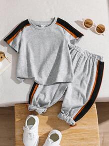 SHEIN 嬰兒男女色塊拼接圓領套頭衫短褲套裝，休閒款式 - 灰色 - 查看 1