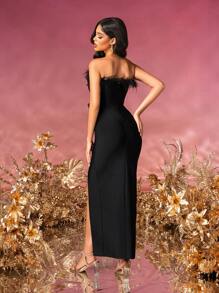 女士黑色性感露肩优雅紧身长款绷带派对礼服宴会正式晚会舞会礼服半正式婚礼宾客礼服，适合生日、毕业典礼、返校节