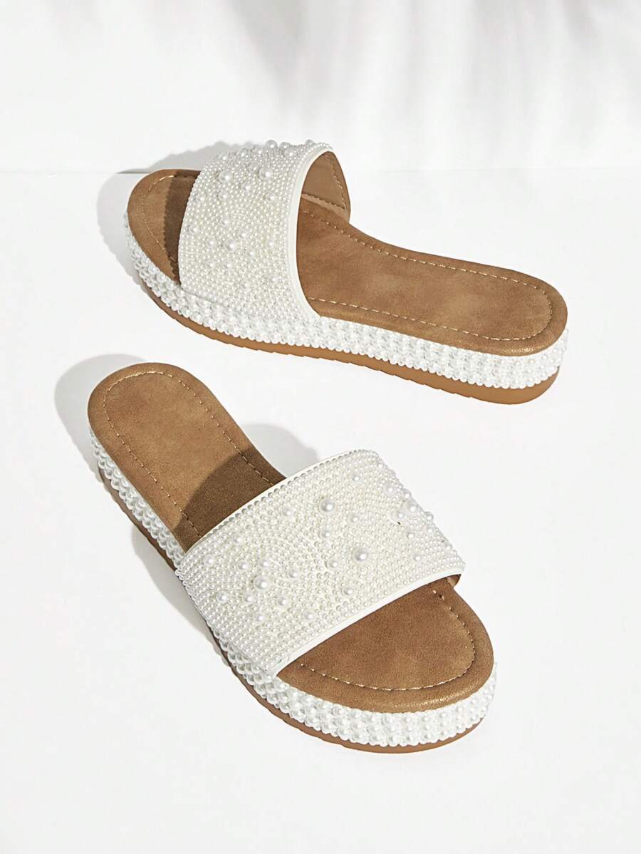 SHUZIA Women Shoes Wide Fit Open Toe Faux White Pearl And Shiny Beaded Embellishments White Platform Wide Fit Slip On Sandals - White - View 1