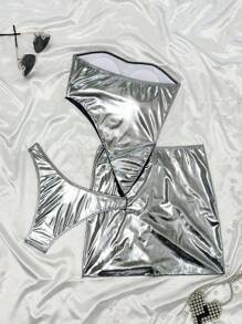 Swim EVENT Bộ bikini Bandeau viền bất đối xứng màu trơn cho nữ, họa tiết kim loại thời trang, kèm váy mùa hè - Bạc - Xem 9